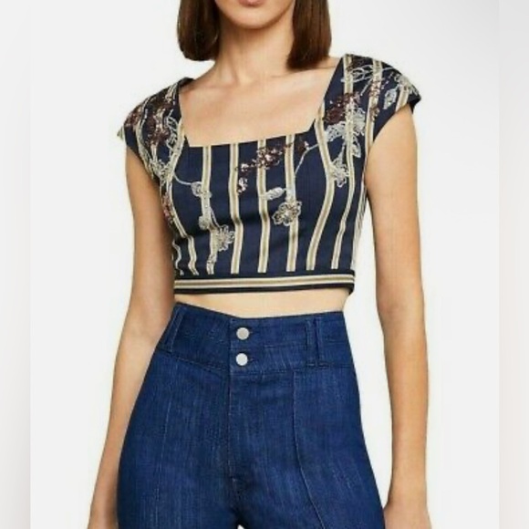 BCBGMaxAzria Crop Top Cap-Sleeve in Striped Floral Sequined Blue Yellow Size M - Picture 1 of 10